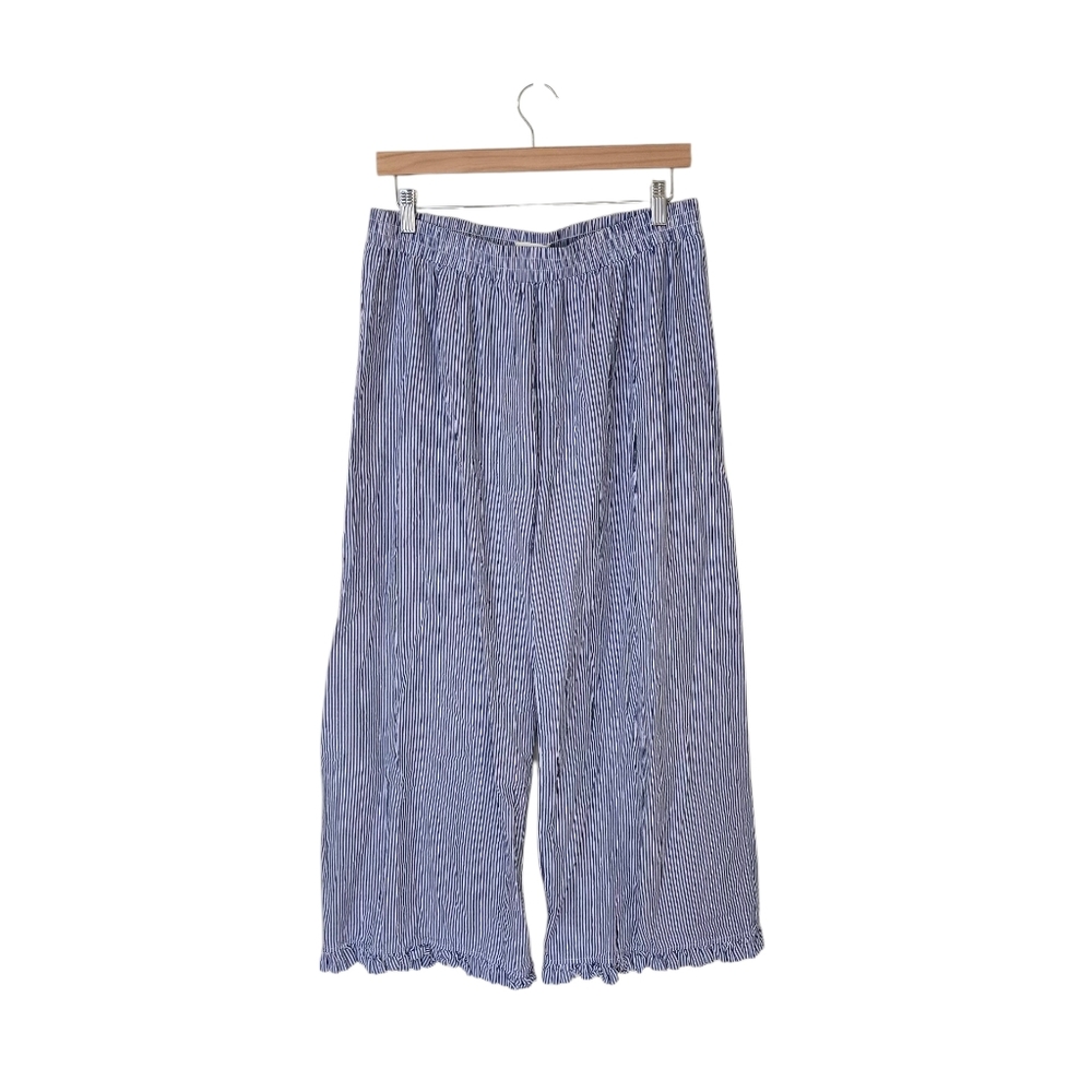 Sonderhaus Wide Leg Blue White Stripe Ruffle Hemline Pants Women's Medium